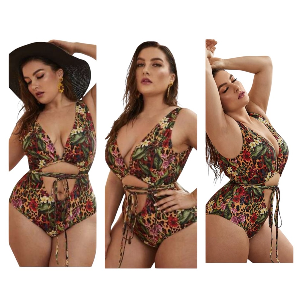 Leopard Jungle Floral Cut Out One piece Swim Suite 1X
